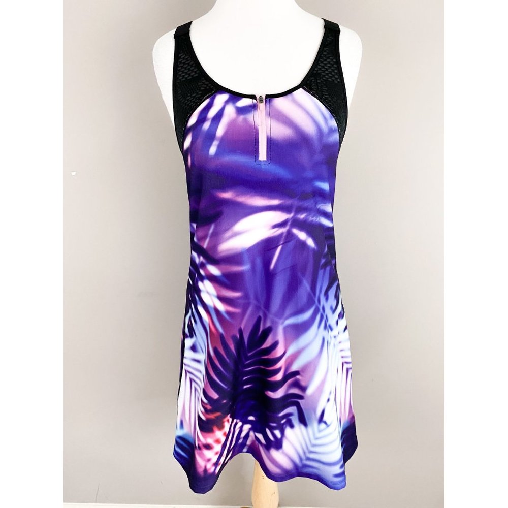 Nanette Lepore Athletic Swim Jersey Dress Palm Print Black Mesh Criss Cross Back